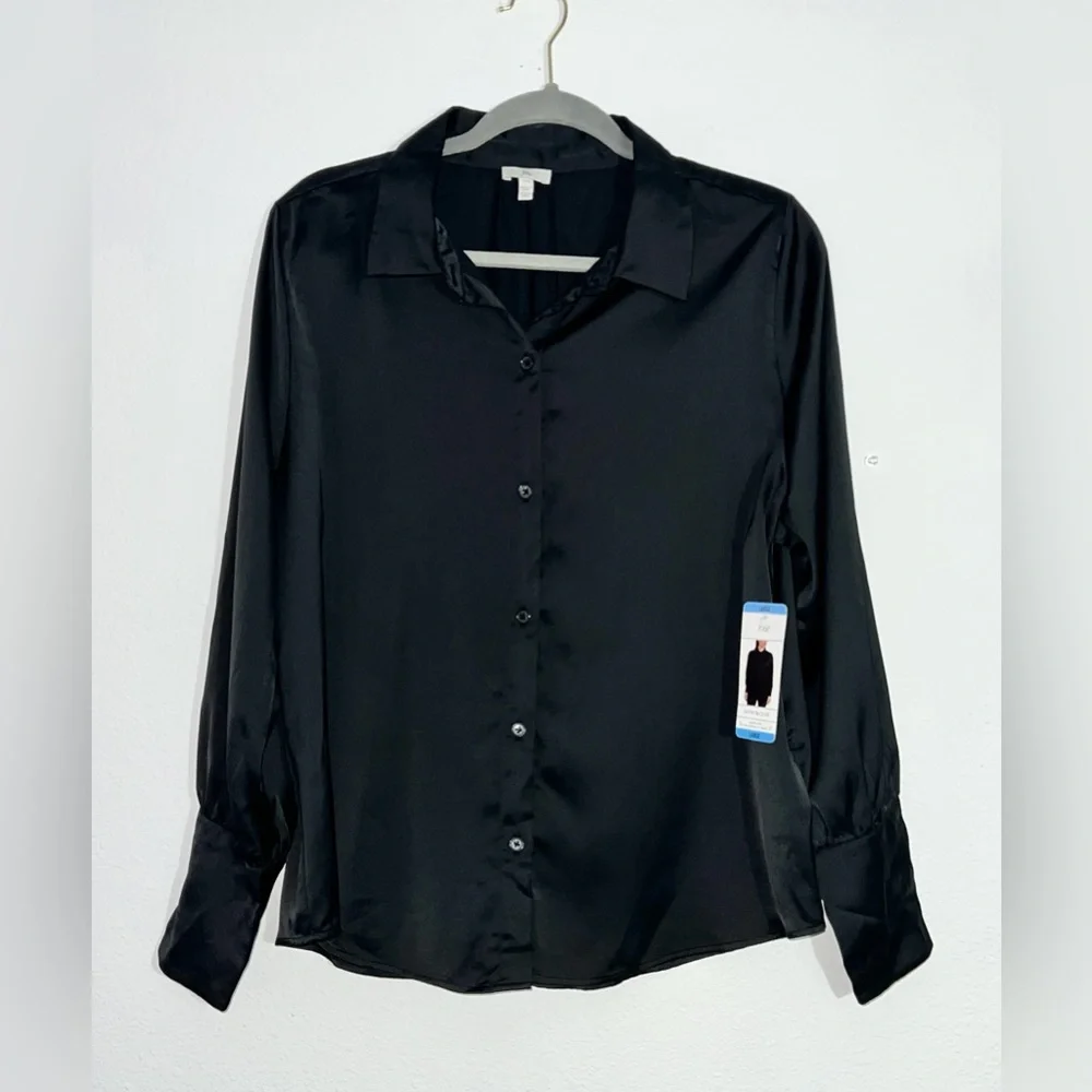 NWT Joie Satin Buttoned Career Blouse Black Large Office